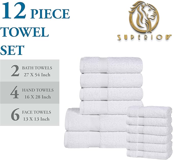 Superior 12-Piece Cotton Assorted Towel Set, Includes 6 Face/Washcloths, 4 Hand, and 2 Bath Towels, Lightweight Essentials, for Home, Gym, Beach, Bathroom, Quick Drying, Franklin Collection, White