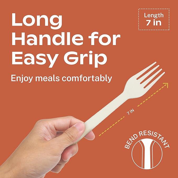 CORAL Ivory White 100% Compostable Forks - 120 Heavy Duty Forks (7.0 inch) - Break Resistant with Smooth Edges, Ocean Friendly Alternative to Plastic Silverware - Biodegradable & Disposable Forks