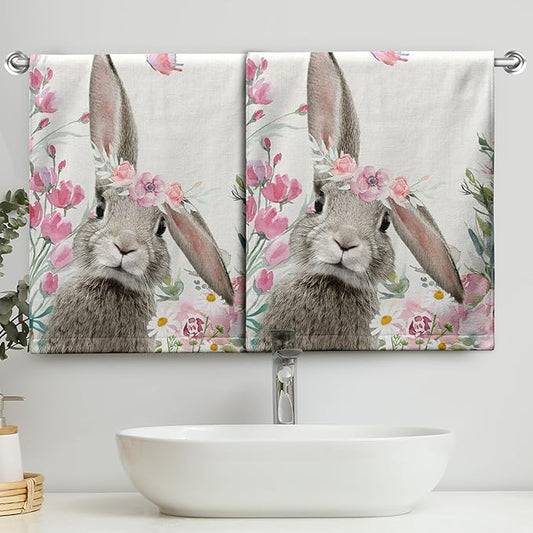 Easter Bunny Hand Towels Spring Cute Rabbits Kitchen Towel Flowers Soft Portable Dish Tea Towels Washcloths for Kitchen Bathroom Decorations 14.4X 28.3
