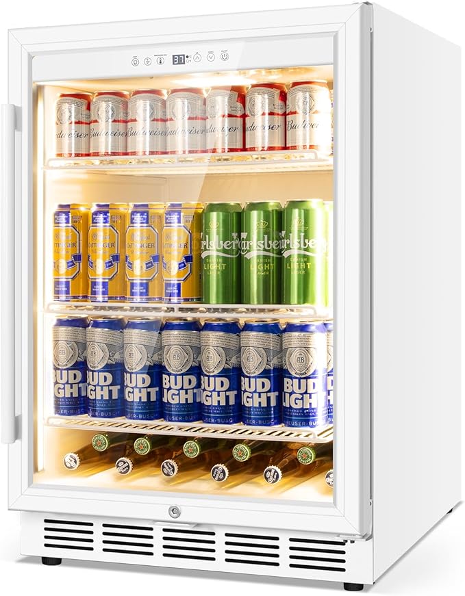 24 Inch Beverage Refrigerator with Glass Door, Undercounter Beverage Fridge 200 Cans Large Capacity, Beverage Cooler for Beer Soda with Reversible Door, Temperature Control, Safety Lock, White