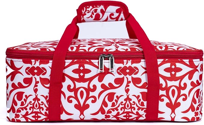 Insulated Casserole Baking Dish Carrier Portable Lunch Tote Bag Fits Up to 9"x13" Pan for Transport to Keep Food Hot/Cold for Gathering/Potluck Parties/Cookouts/Camping/Picnics/Offices-Red/white