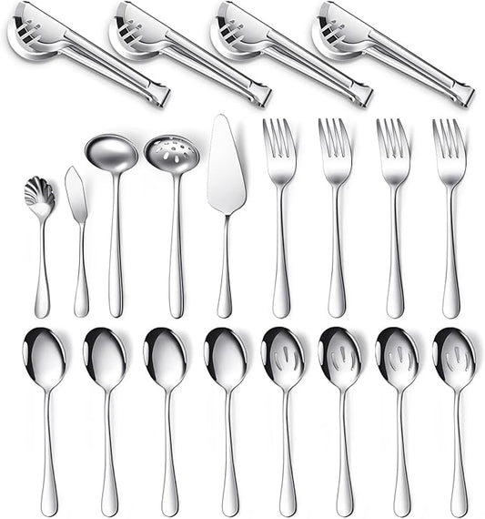 Patelai Serving Utensils Set Include Stainless Steel Large Spoons Slotted Spoons Forks Tongs Soup Ladle and Pie Server for Parties Buffet Catering, Dishwasher Safe(Silver,21 Pieces)