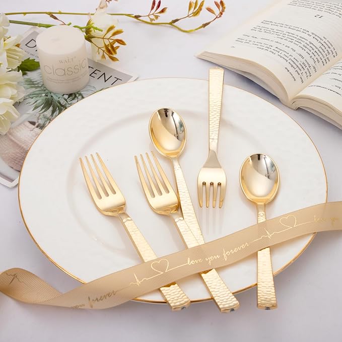 KIRE 400PCS Gold Plastic Spoons and Forks Disposable - Gold Plastic Silverware Set Disposable - 200 Forks and 200 Spoons for Thanksgiving Party, Birthday