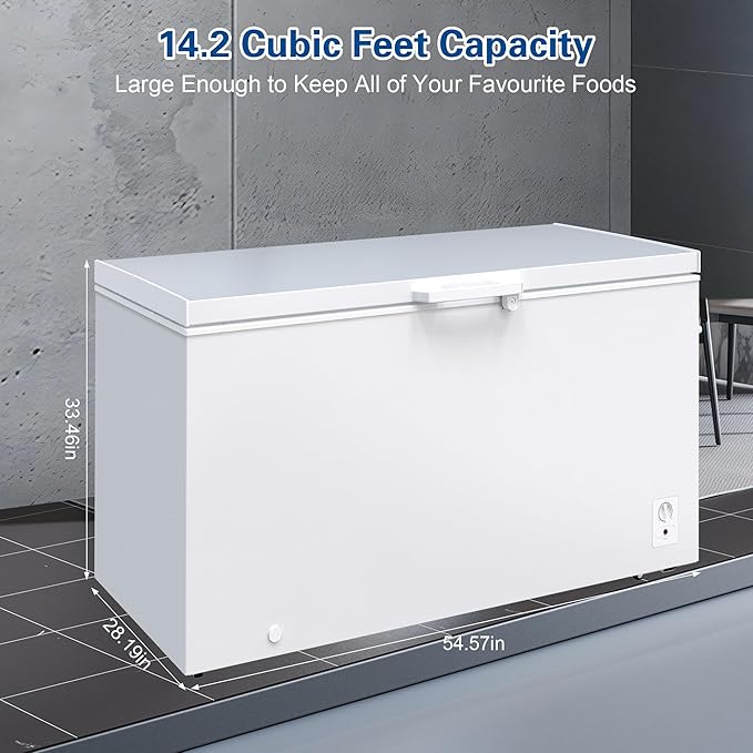 Large Chest Freezer, 14.2 Cu.ft Deep Freezer FreeStanding Top Door Freezer with 8 Adjustable Thermostat (-11.2°F to 10.4°F) and Removable Basket, Universal Wheels, Manual Defrost for Garage, White