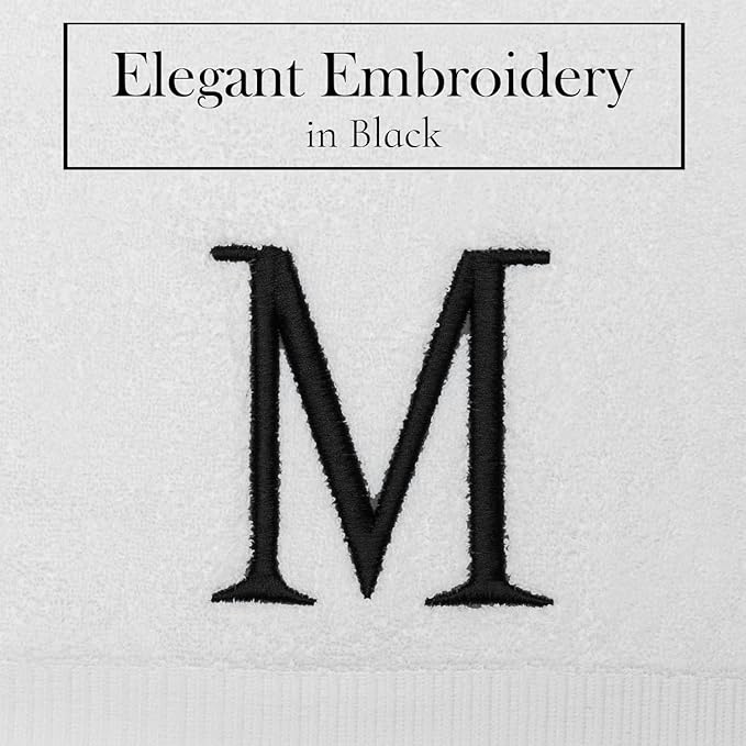 Black Initial Hand Towel for Bathroom - Monogrammed Luxury Hotel Quality Decorative Embroidered Towel for Powder Room, Spa - GOTS Organic Certified - Set of 2 Letter M