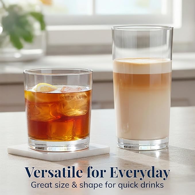 US Acrylic Classic Clear Plastic Reusable Drinking Glasses (Set of 8) 12oz Rocks & 16oz Water Cups | BPA-Free Tumblers, Made in USA | Top-Rack Dishwasher Safe