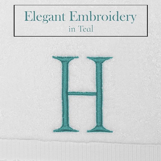 White and Teal Monogrammed Hand Towel - Monogram Initial Hotel Quality Decorative Embroidered Luxury Towel for Powder Room, Spa - GOTS Organic Certified - Set of 2 Letter H