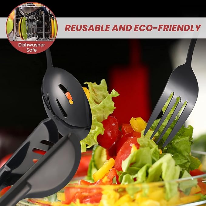 Patelai 8 Pieces Christmas Stainless Steel Black Serving Utensils Set 8.7" Large Spoons and Slotted Spoon 9.45" Tong 9" Forks Flatware Wedding Party Buffet Banquet Cooking Kitchen Catering