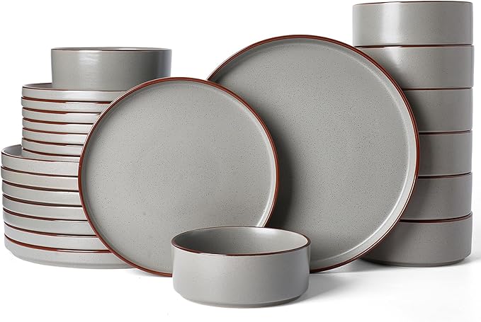 Famiware Nebula Ridge Stoneware Dinnerware Sets for 8, 24 Pieces Plates and Bowls Sets, Dishes Set, Microwave and Dishwasher Safe Kitchen Plates, Dark Gray