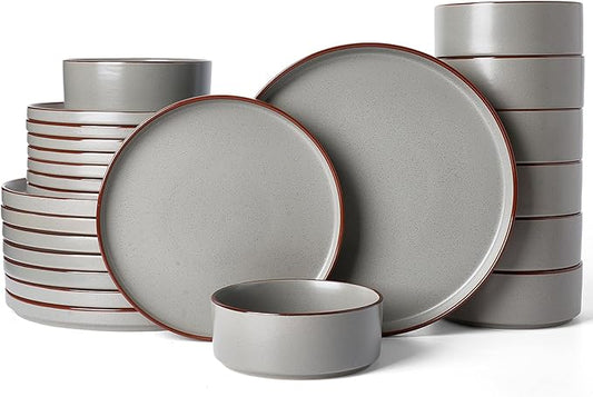 Famiware Nebula Ridge Stoneware Dinnerware Sets for 8, 24 Pieces Plates and Bowls Sets, Dishes Set, Microwave and Dishwasher Safe Kitchen Plates, Dark Gray