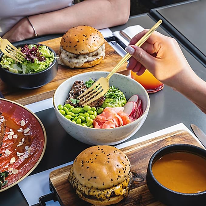 U-QE 60Pcs Gold Plastic Forks - Heavy Duty Plastic Forks Disposable - 7.6 Inch Gold Disposable Forks - Luxurious Plastic Silverware Perfect for Parties, Weddings and Other Daily Events