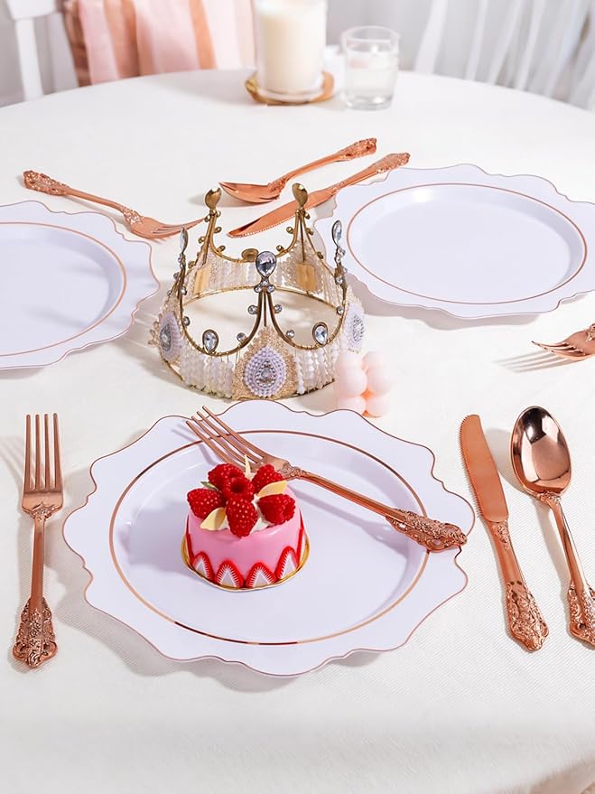 WDF 120Pieces Rose Gold Plastic Silverware - Heavy Duty Rose Gold Plastic Cutlery Set - Disposable Utensils - Flatware Includes 40 Forks, 40 Spoons, 40 Knives for Wedding, Valentines Day