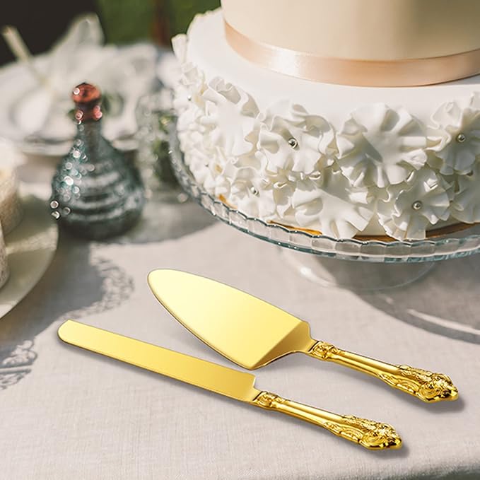 KEAWELL Gorgeous Wedding Cake Knife and Server Set, 18/10 Stainless Steel, Fine Luxury Cake Cutting Set (Gold)