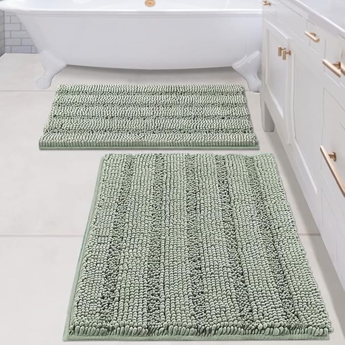 H.VERSAILTEX Bathroom Rugs Bath Mats Sets Super Absorbent Chenille Striped Bath Mats Non Skid Machine Wash Dry Rugs for Bathroom Floor Set of 2(Sage, 24 x 36 Plus 20 x 32 - Inches)