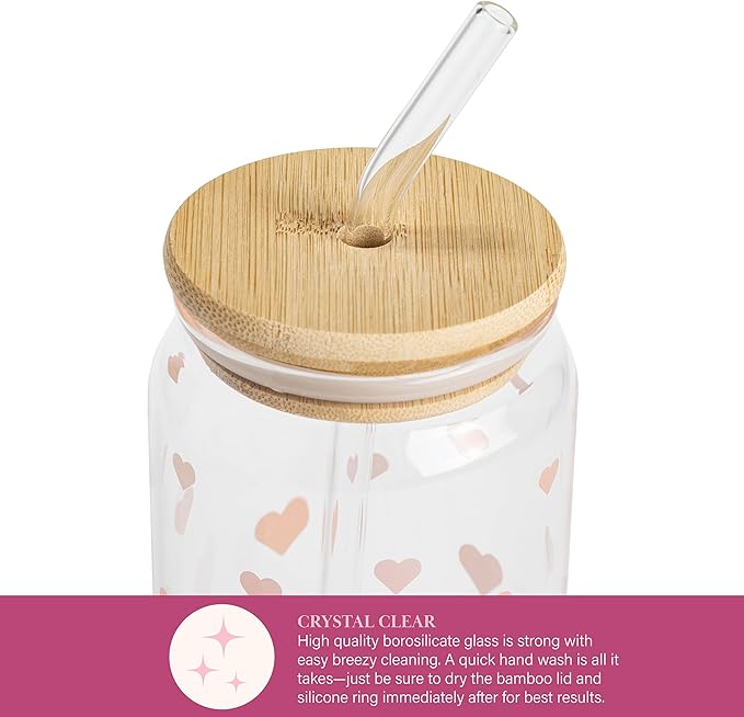 Paris Hilton Glass Tumblers Set with Iconic Decals, Includes Bamboo Lids, Reusable Glass Straws and Cleaning Brushes, Perfect for Iced Coffee, Water, and Cocktails, 2-Piece Set, 17-Ounce