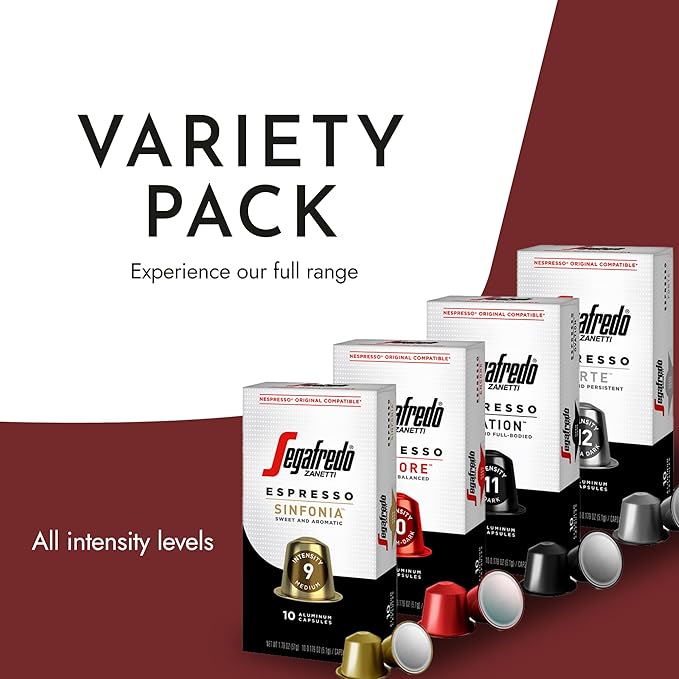 Segafredo Zanetti Espresso Capsules – Aluminum Pods for Nespresso Original Machines – 4 Flavor Variety Pack Premium Espresso – Forte, Ovation, Encore, and Sinfonia – Variety, 10 Count (Pack of 4)
