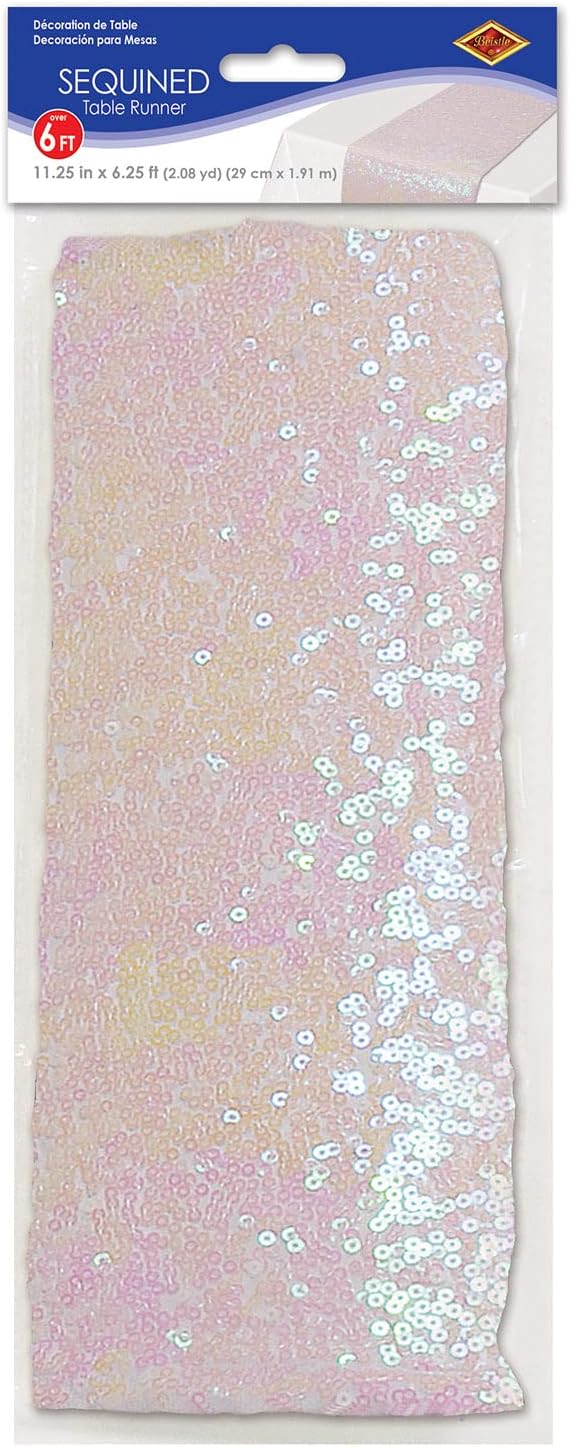 Beistle Rectangluar Shiny Sequined Table Runner For Party Event Birthday Wedding Baby Shower Holiday Celebration Decorations, 11.25" x 75", Opalescent