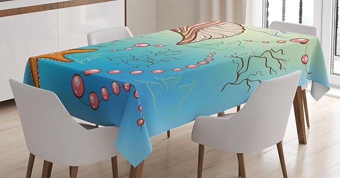 Ambesonne Pearls Tablecloth, Under The Sea Theme with Pearls Shell Starfish Fishes Nautical Marine Life Image, Rectangular Table Cover for Dining Room Kitchen Decor, 60" X 90", Pink Blue