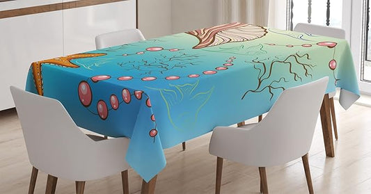 Ambesonne Pearls Tablecloth, Under The Sea Theme with Pearls Shell Starfish Fishes Nautical Marine Life Image, Dining Room Kitchen Rectangular Table Cover, 52" X 70", Pink Blue