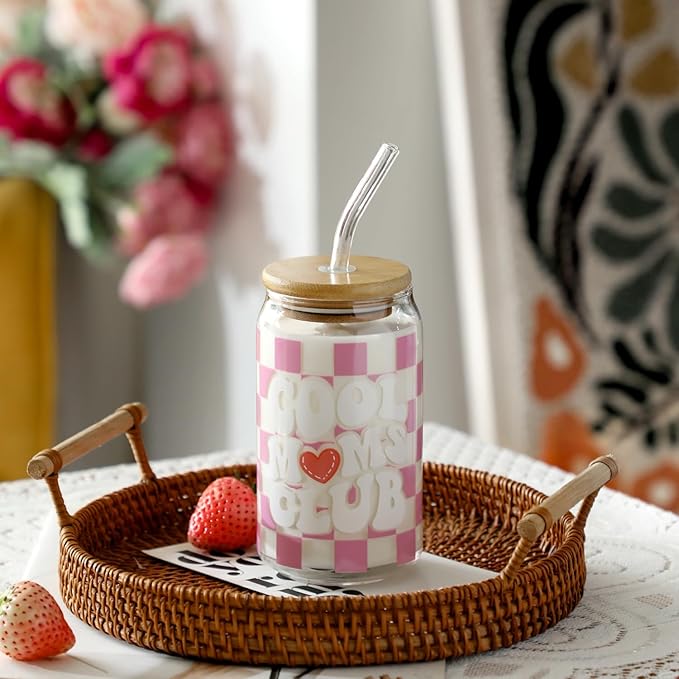 Christmas gift Mom Drinking Cup with Lid and Straw, 16oz Coffee Can Glass Cups, Cool Moms Club Cup from Daughter and Son, Christmas Birthday Present Ideas for Mother, New Moms, Mom To Be