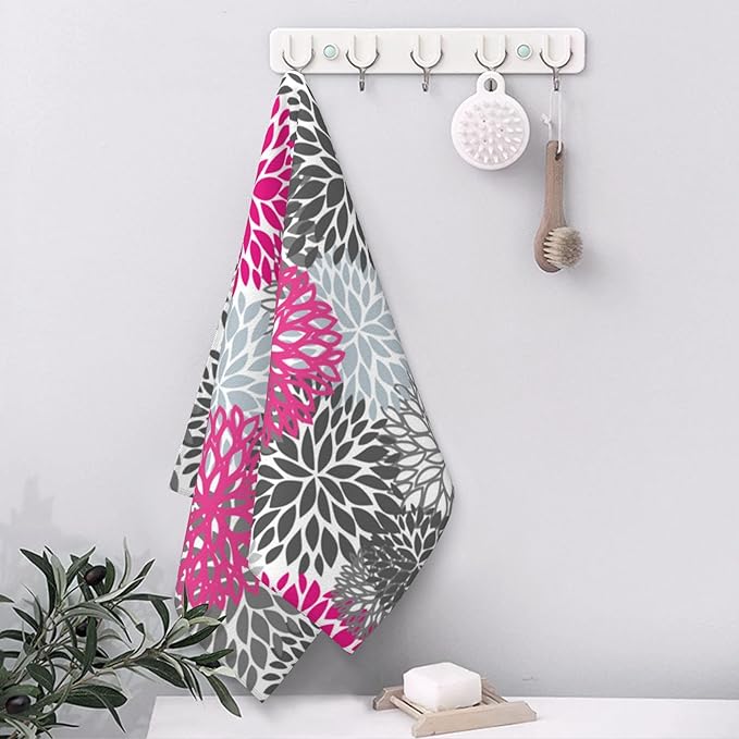 Dahlia Flower Hand Towel,Pink Floral Hand Bath Towels Set of 2 Dish Towels Soft Absorbent Decorative Hand Towels for Bathroom Kitchen Yoga Home Decor 14 x 28 in