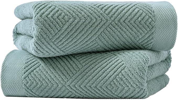 sense gnosis Sage Green Bath Towel Set of 2 Striped Weave 100% Cotton Super Soft Highly Absorbent Summer Bath Towels for Bathroom 27x 55 Inch