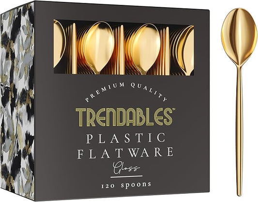 Gold Plastic Spoons Disposable Silverware 120 Pack Gold Plastic Cutlery Set Disposable Gold Silverware Set - Beautiful Gold Plastic Silverware Plastic Utensils Set Gold Spoons By Trendables