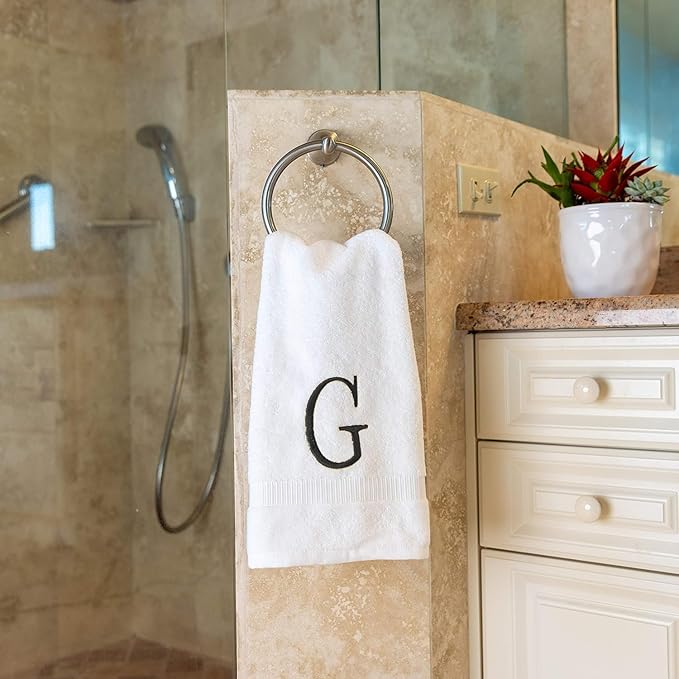 Dark Gray Powder Room Hand Towel - Monogram Initial Hotel Quality Decorative Embroidered Luxury Towel for Spa - GOTS Organic Certified - Set of 2 Letter G