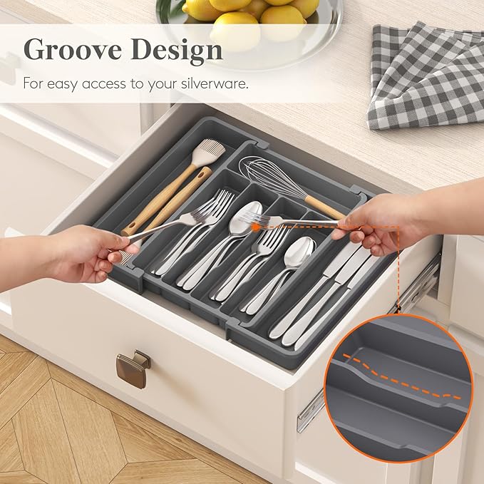 Lifewit Silverware Drawer Organizer, Expandable Utensil Tray for Kitchen, BPA Free Flatware and Cutlery Holder, Adjustable Plastic Storage for Spoons Forks Knives, 8.5"-14.1" x 12.1", Dark Gray