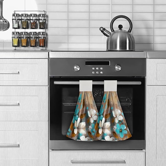 Giwawa Teal Floral Kitchen Hand Towels Abstract Canvas Hanging Tie Towel 2PCS Soft Dish Cloth Fingertip Towel for Bathroom Restroom Home Decor