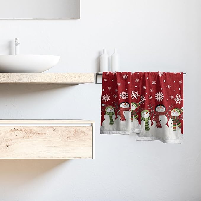 Imiss Winter Snowman Hand Towels 14.4 x 28.3 Inch Christmas Snowflakes Washcloth Winter Holiday Decor Bath Guest Fingertip Towel for Xmas Decorative Bathroom Home Guest Spa，Set of 2