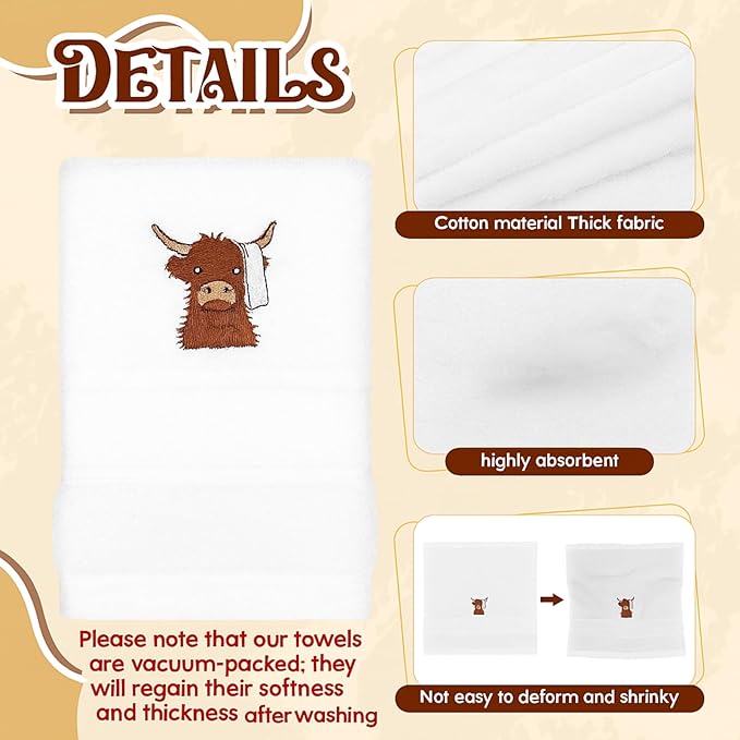 Peryiter 6 Pack Cotton Christmas Bath Towels Set White Highland Cow Towels for Bathroom, Soft and Absorbent, Contains 2 Bath Cloth, 2 Hand Cloth and 2 Washcloths