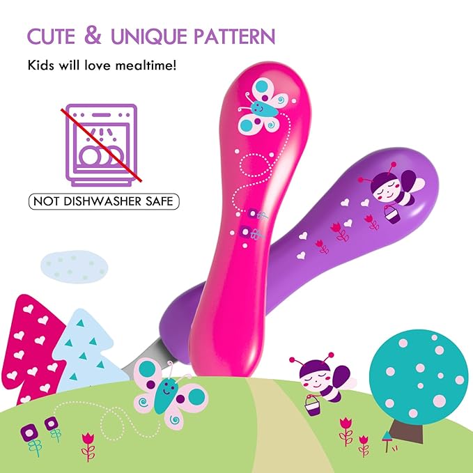 Lehoo Castle 6 Pieces Toddler Utensils, Kids Silverware for 2 3 4 Years Old, Stainless Steel Fork and Spoon Set with Plastic Handle, Safe Toddler Cutlery (Pink＆Purple)