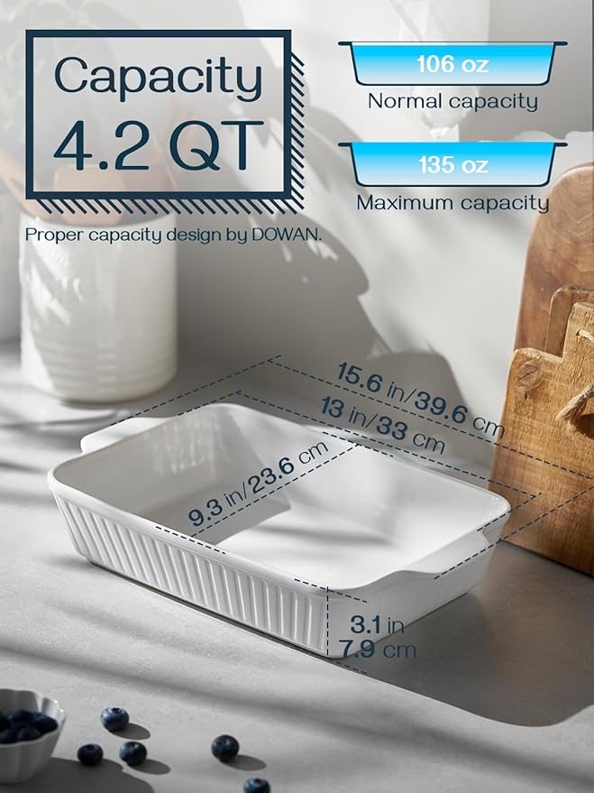 DOWAN Casserole Dish, 9x13 Ceramic Baking Dish, Large Lasagna Pan Deep for Oven, 4.2 Quarts Baking Pan with Handles, Oven Safe and Durable Bakeware for Lasagna, Home Decor, Wedding Gift, Soft White