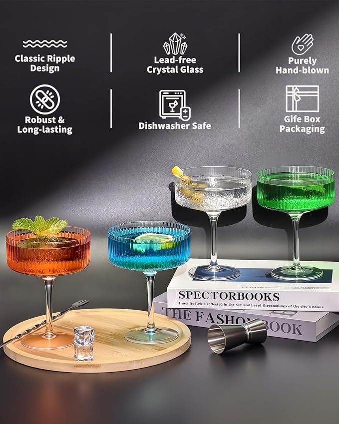 4 Pcs Coupe Glasses, Hand Blown 10 oz Cocktail Glasses, Ribbed Martini Glasses, Gift Boxed Drinking Glasses Set Pefect for Espresso Martini, Manhattan, Cocktail, Wine, Champagne