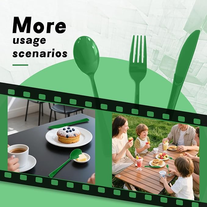 300 Pack Disposable Plastic Silverware, Heavy Duty Green Plastic Cutlery Set Includes 100 Forks 100 Knives 100 Spoons for Birthday Wedding Party Picnics (300, Green)