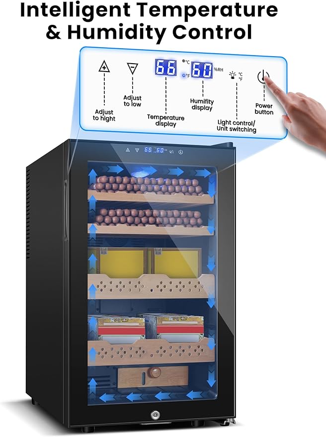 Electric Cooler Cabinet Desktop Cabinet 70L with Professional Temperature and Humidity Digit Control System Spanish Wood Shelves 400 Capacity for Home Office Gift