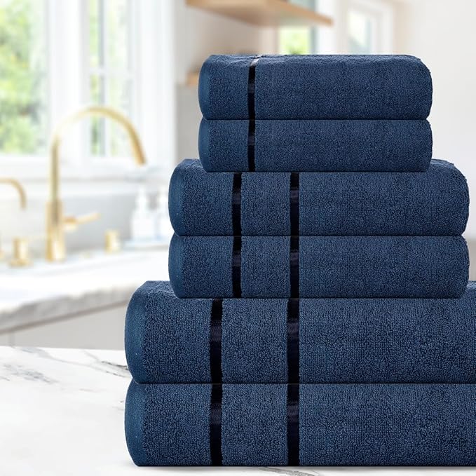 CASA COPENHAGEN Eternal 6 Pieces Towel Set- Navy Blue, 500 GSM 2 Bath Towel 2 Hand Towel 2 Washcloth, Designed in Denmark Made of Soft Egyptian Cotton for Bathroom, Kitchen & Shower