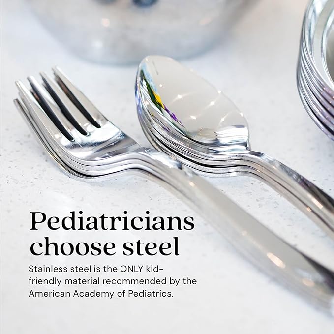 Ahimsa Stainless Steel Kids Utensils, Pediatrician Designed, Premium Silverware for Kids & Toddlers, Non Toxic, Dishwasher Safe, Classic Polished Fork and Spoon Set