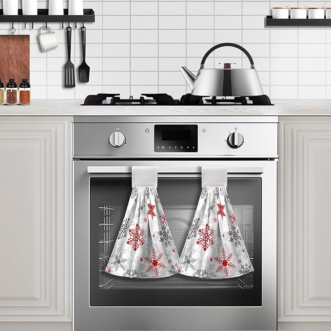 Winter Snowflakes Hanging Dish Towels Red and Grey Snow Bathroom Hand Towel Xmas Holiday Kitchen Towel with Hanging Loop Tie Towels 12x17 Inch Decor for Bathroom Laundry Room Tabletop