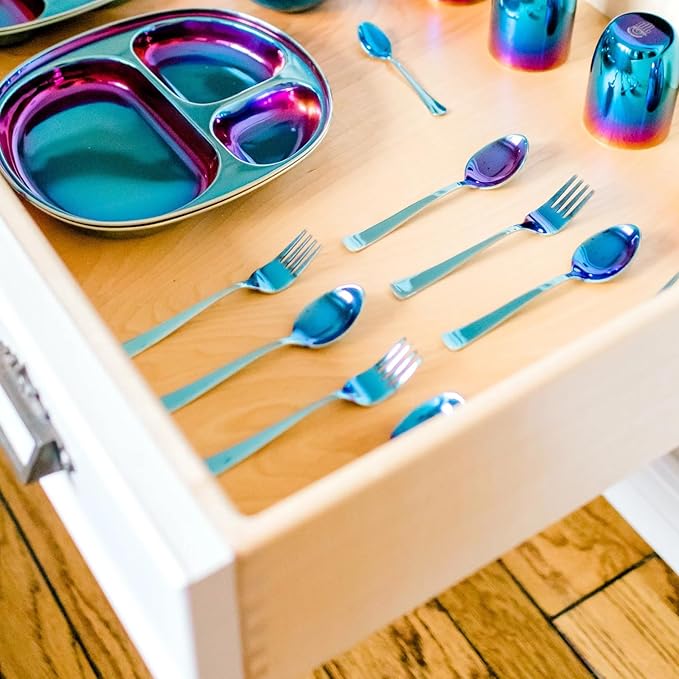 Ahimsa Stainless Steel Kids Utensils, 8 Pieces Kids Fork and Spoon Set, Pediatrician Designed Toddler Utensils, 100% BPA Free & Dishwasher Safe (Iridescent Blue)