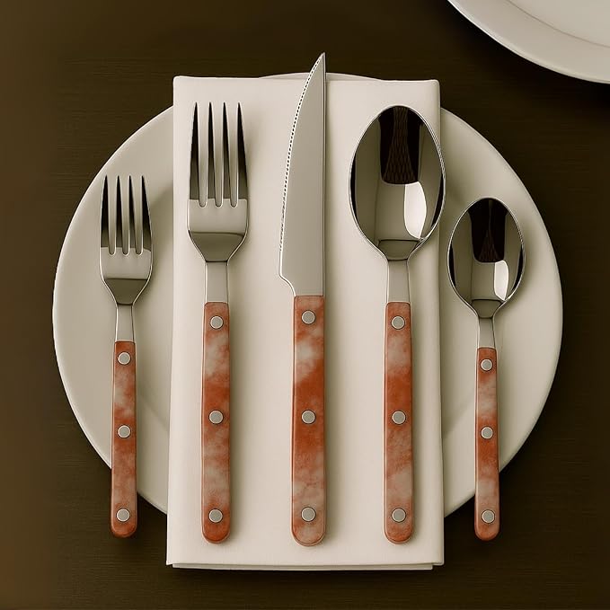 Khen 20-Piece Cutlery Set with Dinner Knives, Forks, Spoons, Salad Forks & Teaspoons – Durable and Dishwasher Safe Utensil Set for Home, Kitchen, Weddings & Occasions - Blush Storm Pattern Handle