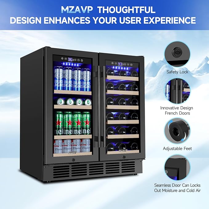 30 Inch Wine and Beverage Refrigerator, Dual Zone Wine Fridge 30", Beverage Cooler Under Counter or Freestanding 30" Wine Beer Fridge with Upgraded Cooling, Holds 30 Bottles and 110 Cans, Black