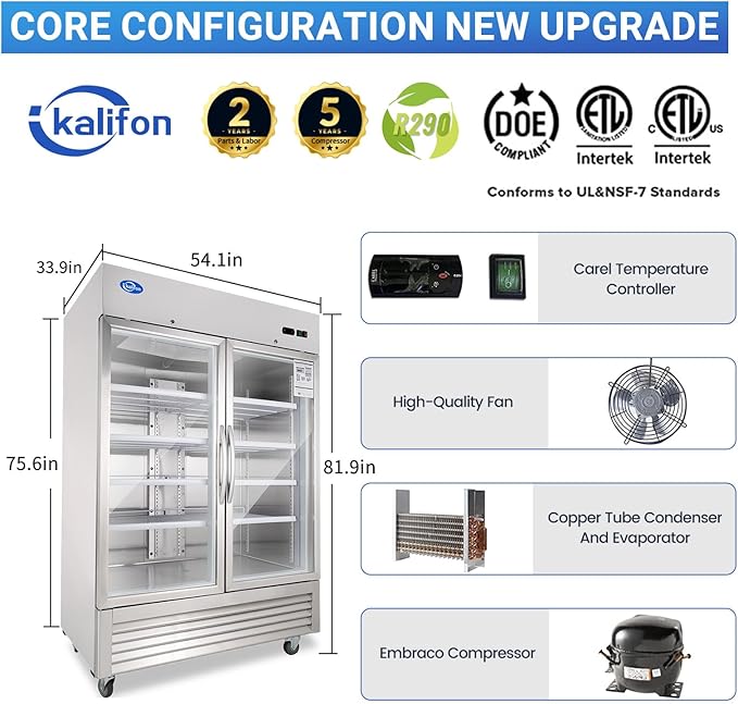 49Cu.Ft Commercial Refrigerator Merchandiser, 54" Display Refrigerator with 2 Glass Doors, Upright Fridge Stainless Steel Cooler with LED Lighting for Restaurant Kitchen