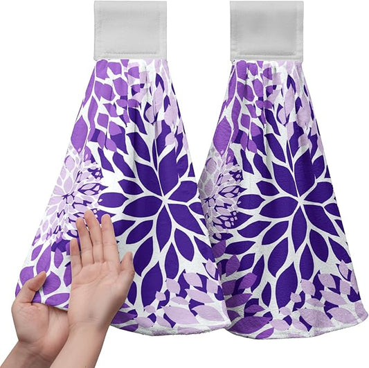 Purple Dahlia Hanging Kitchen Dish Towels Floral Hand Towel with Loop Violet Flower Bathroom Tie Towels Soft Absorbent Tea Towel for Bathroom Kitchen Decor Housewarming 12 x 17 Inch