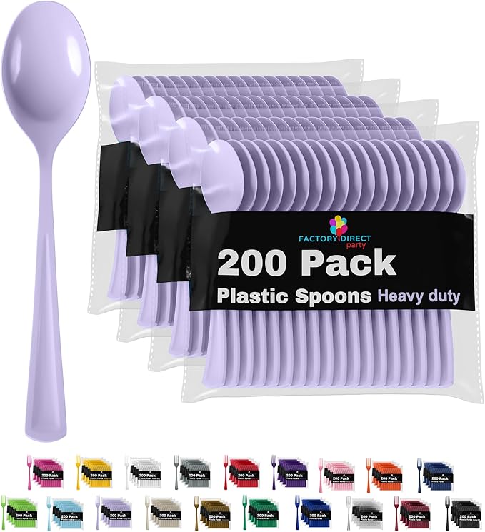 Party Solids Lavender Plastic Spoons 200 Pcs Lavender Spoons Disposable Utensils Heavy Duty Plastic Cutlery Set Disposable Cutlery Sets Flatware Sets Silverware Set Party Supplies & Party Tableware
