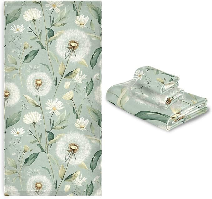 Sage Green Dandelion722 Decorative Towels for Bathroom Bath Towel Sets Absorbent Microfiber Fancy Beach Towels Bathroom Towel Washcloth Sets