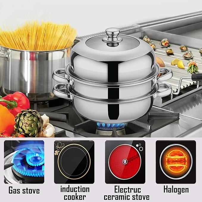 Steamer Pot for Cooking,Stainless Steel Steamer Pot,11 inch Steam Pots with Lid 2-tier for Cooking Veggies Fish Seafood Noodles, Pasta, Food