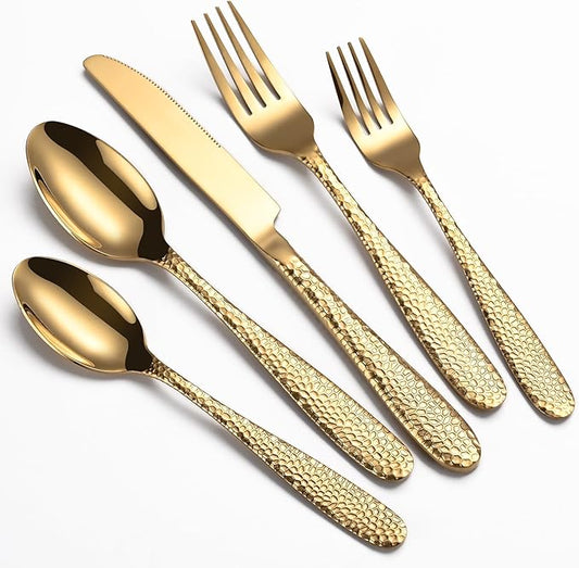 Gold Hammered Silverware Set, 20-Piece Heavy Duty Stainless Steel Flatware Sets for 4, Food-Grade Cutlery Set for Home Restaurant, Mirror Polished, Dishwasher Safe