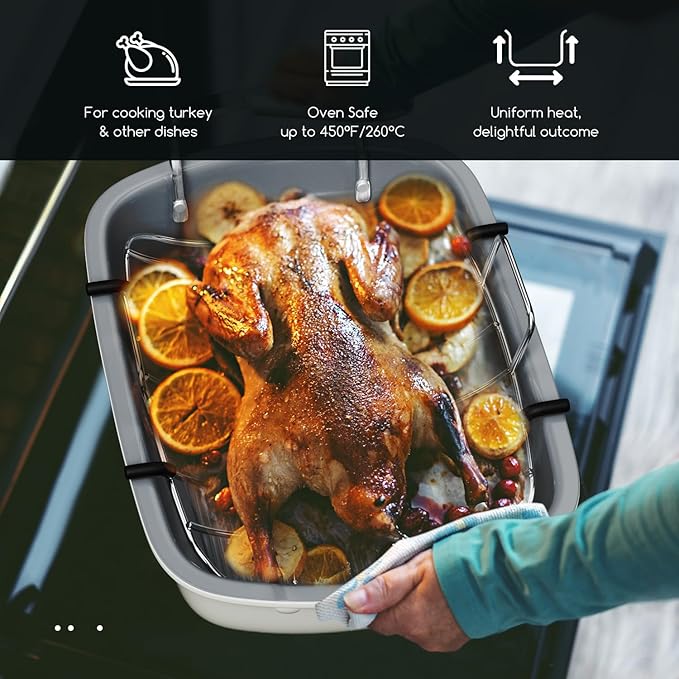 Roasting Pan, 17 Inch x 13 Inch Roaster with Removable Rack, Nonstick Roaster Pan for Roasting Turkey, Meat & Vegetables (Beige)